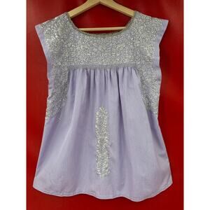Mi Golondrina Lila Y Gris Mini Checks Embroidered Lilac Gray Top Blouse Size M